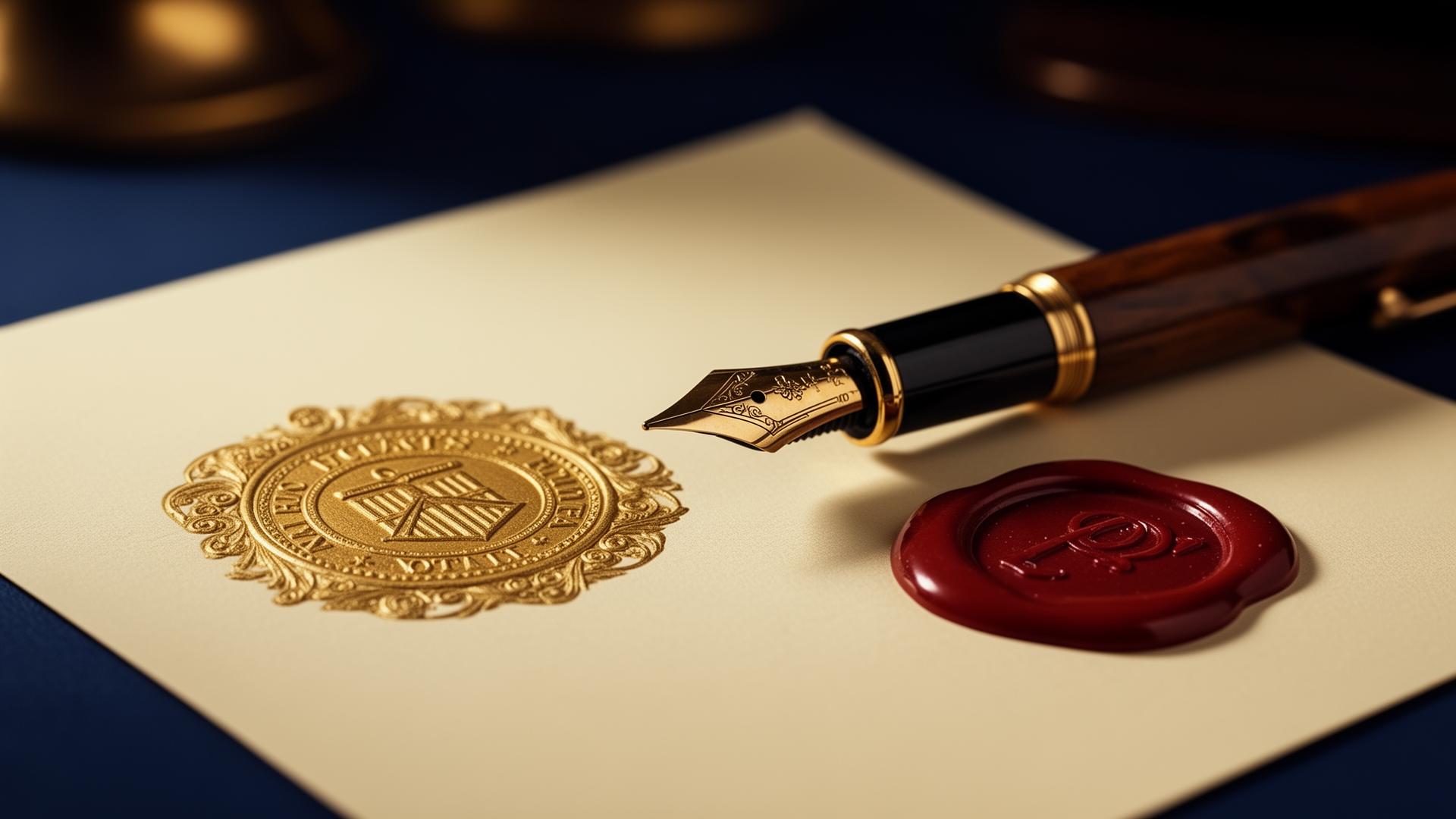 Pluma notarial sobre pergamino con sello dorado y lacre